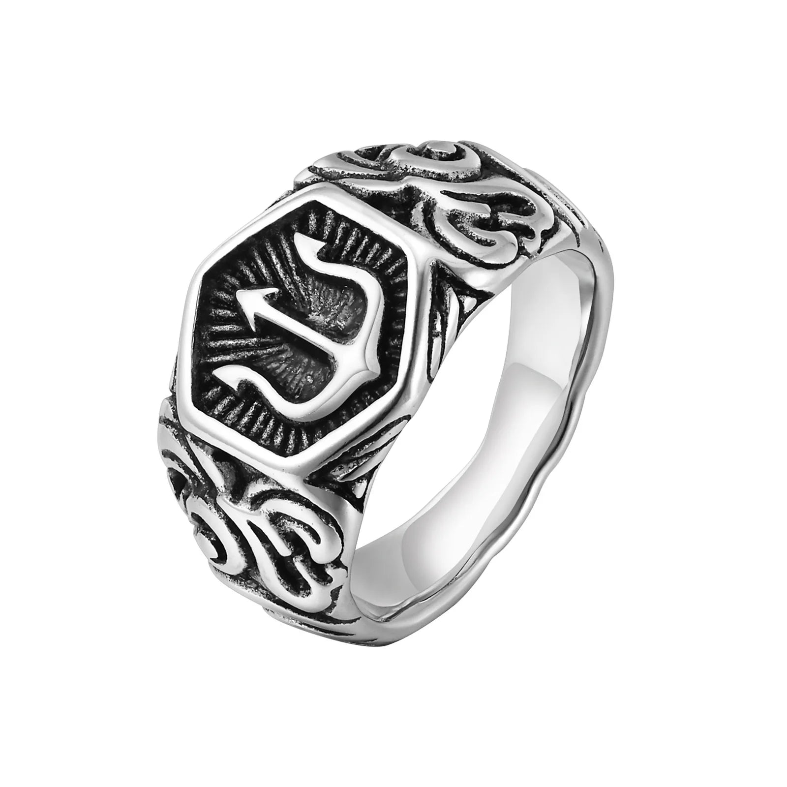 Vnox Black Tridant Signet Ring for Men, 13.3mm Chunky Wide Hexagon Geometric Top Finger Band, Strength Power Symbol Jewelry - Madeinsea©