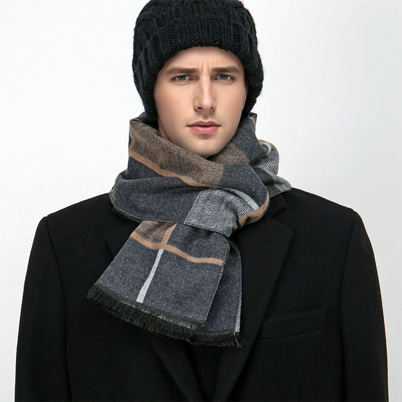 Luxury Winter Man Scarf Plaid Shawl Warm Autumn Cashmere Handkerchief Soft Outdoor Muffler Bufanda Solid Man Scarf 2025 - Madeinsea©