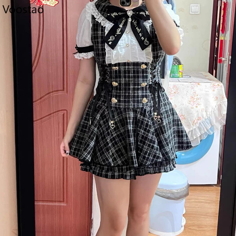 Ensemble robe-short et short style gothique japonais Y2K Lolita à nœud en strass, robe-chemise à volants en dentelle Harajuku, short à carreaux.