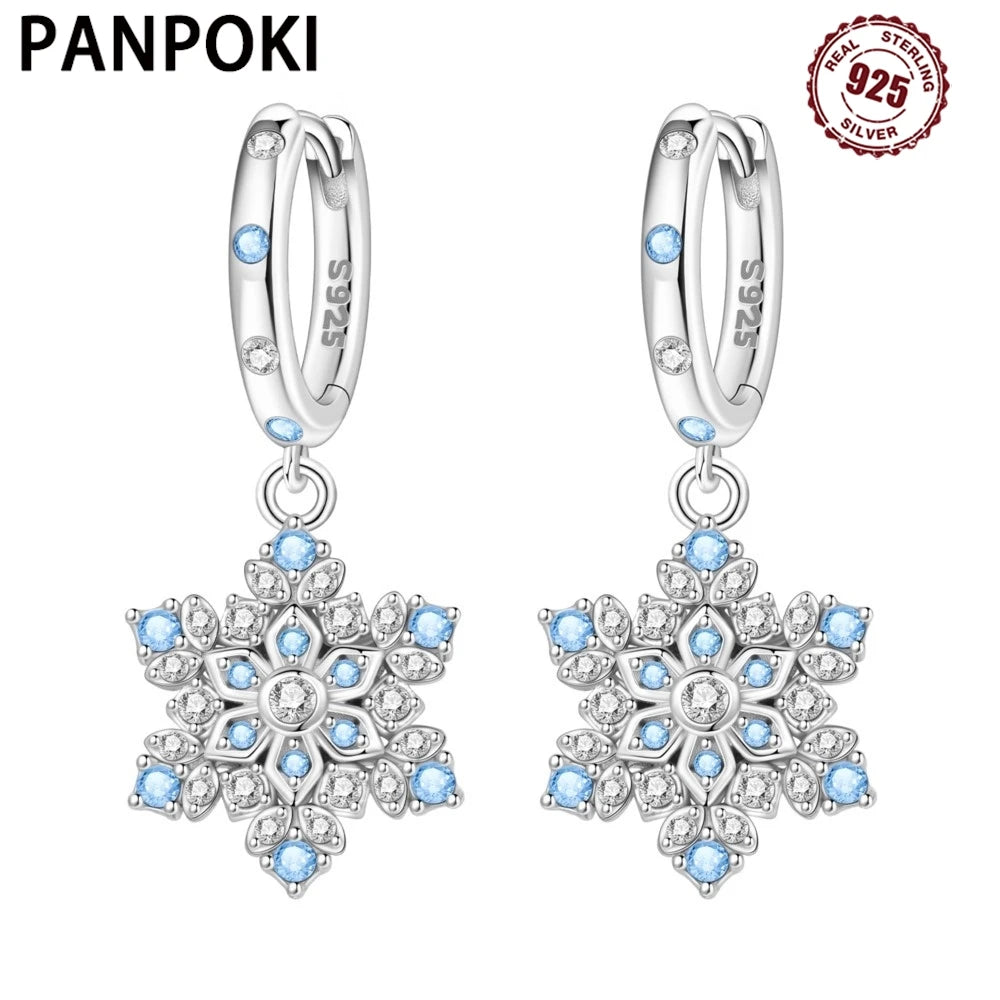 PANPOKI 925 Sterling Silver Sparkling Blue Snowflake Earrings Series Drop Earrings For Women Party Gifts Trendy Jewelry