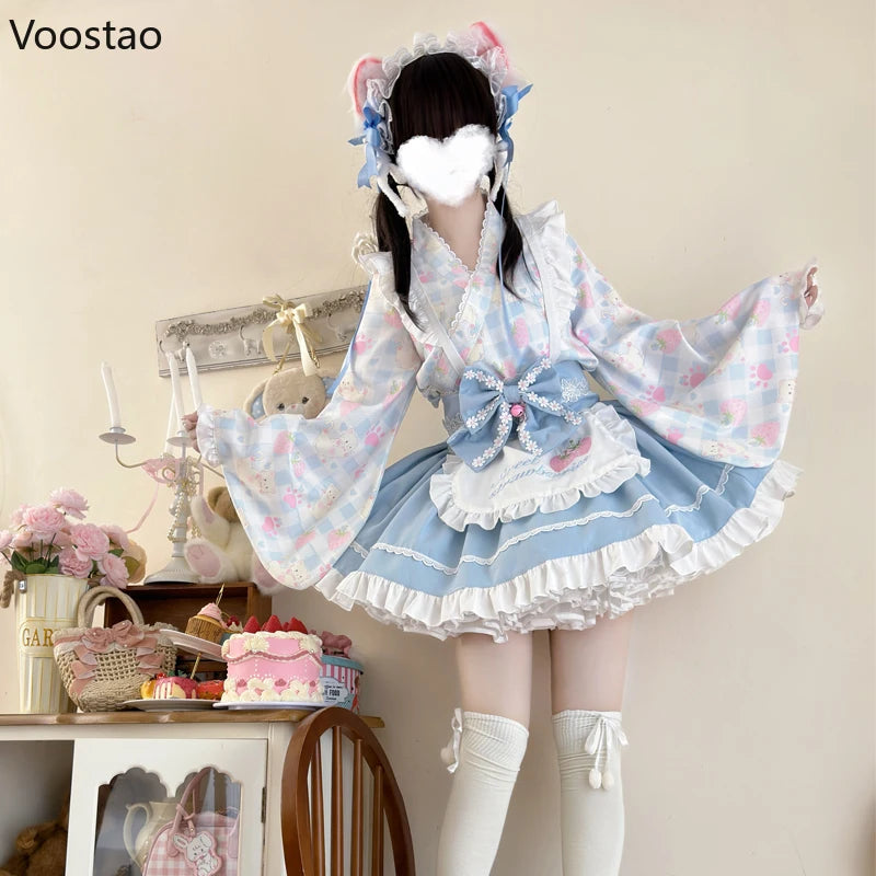 Japanese Sweet Lolita Kimono Dress Women Kawaii Strawberry Cat Print Bow Apron Maid Cosplay Costumes Girls Animation Show Dress
