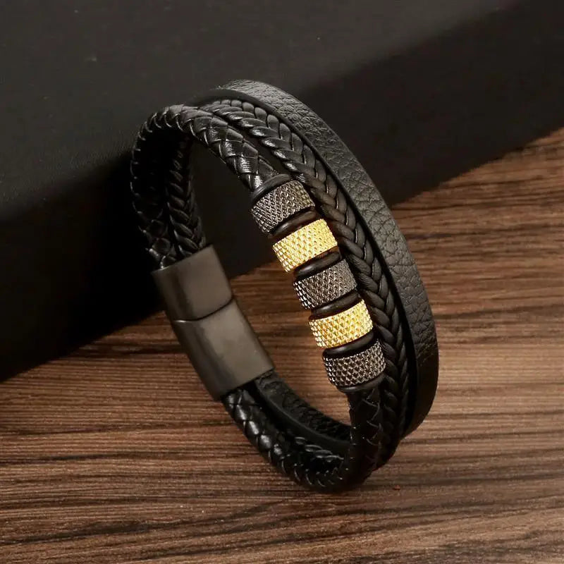 Punk Men Leather Bracelet with Stainless Steel Magnetic Clasp Braided Mutilayer Leather Wrapping Bangles Man Jewelry Gift