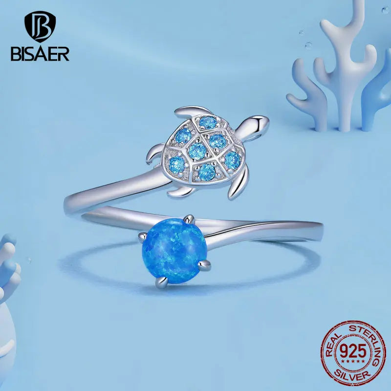 BISAER 925 Sterling Silver Turtle Open Rings Blue Opal Marine Animal Band Adjustable for Women Party Fine Jewelry Holiday Gifts