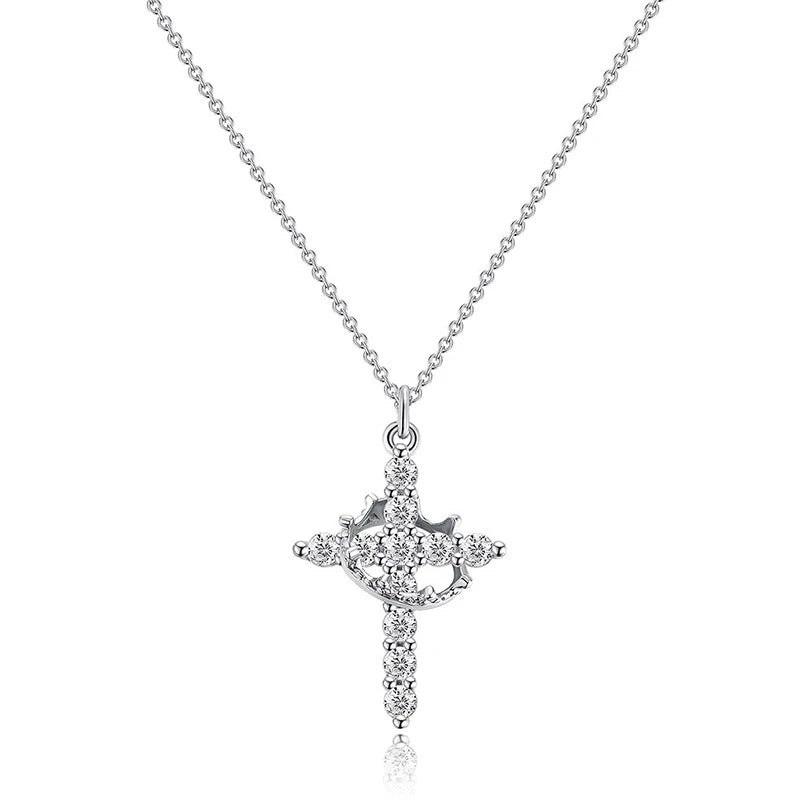 Stainless Steel Rotatable Crown Cross Pendant Necklace for Women Shiny Rhinestone Cross Metal Choker Christian Prayer Jewelry
