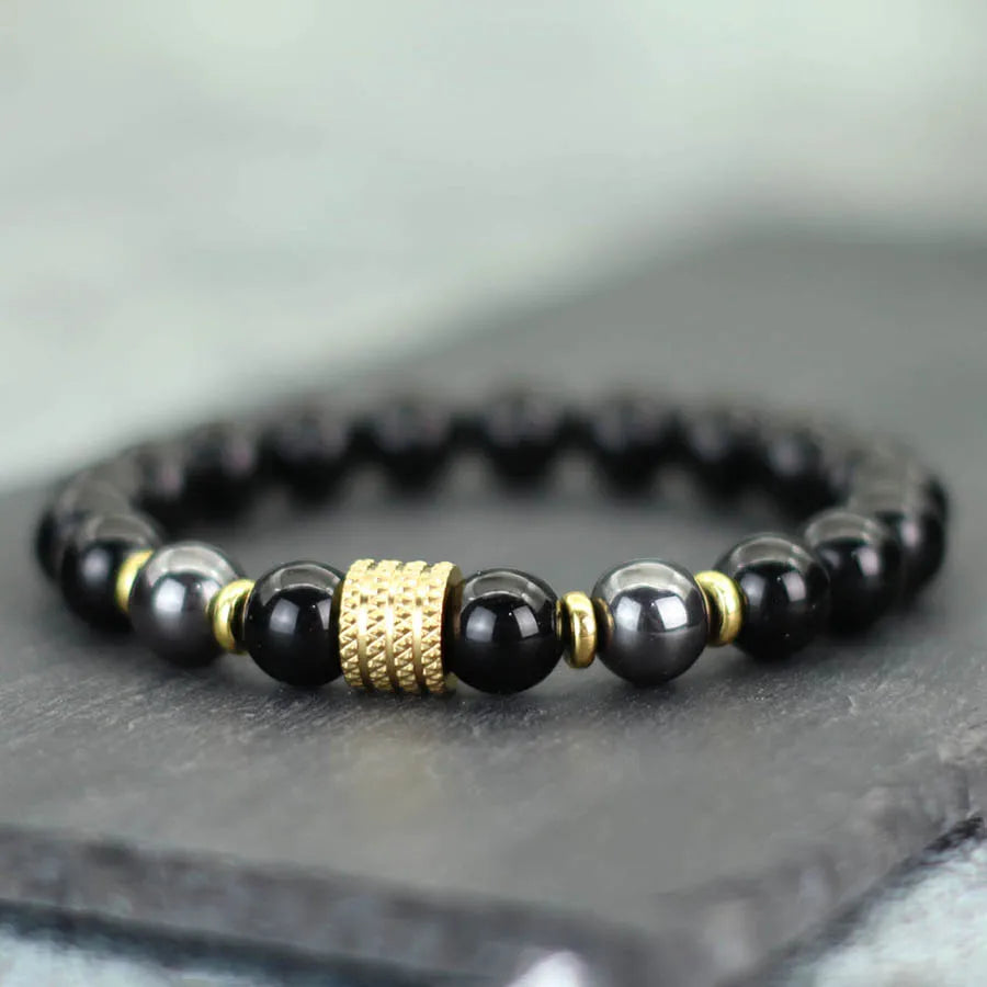 Stylish 10mm Obsidian Stone Energy Bracelet For Men Gold Color Stainless Steel Charm Strand Braslet Hematite Healing Braclet