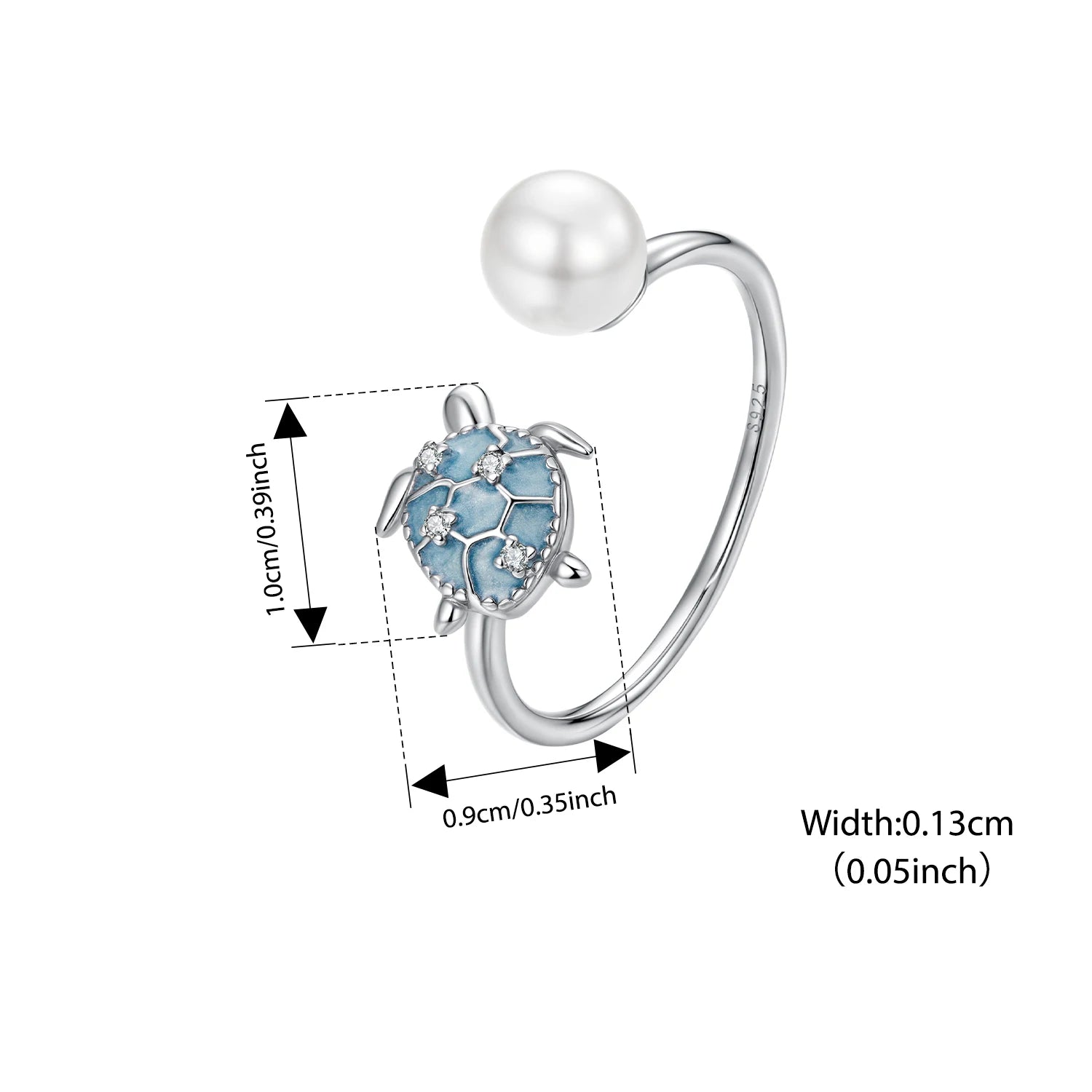 BISAER 925 Sterling Silver Ocean Animal Open Ring Starfish Pearl Conch Turtle Pearl Band for Women Party Jewelry Holiday Gift