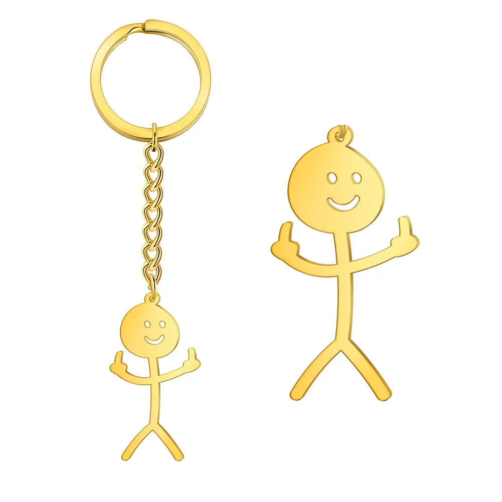 Dreamtimes Funny Doodle Key Chain Graffiti Stainless Steel Middle Finger Stickman Men Pendant Key Rings Jewelry Couples Hip-hop