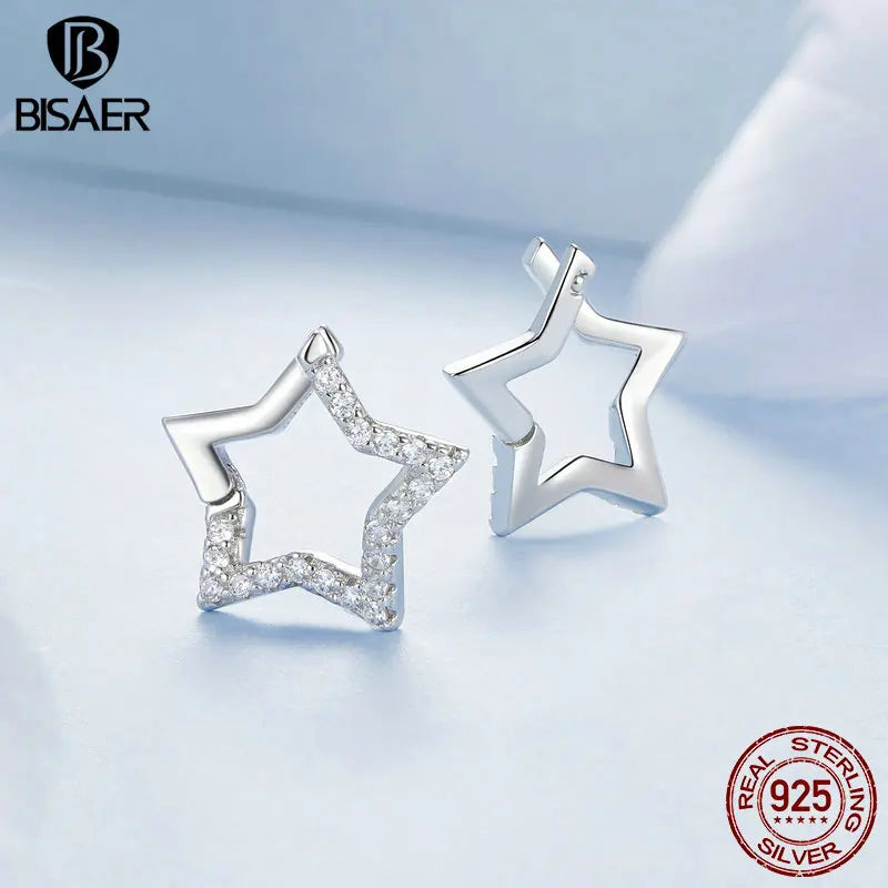Boucles d'oreilles à tige en argent sterling 925 BISAER en forme d'étoile éblouissante sertie de zircons pavés plaqués or blanc bijoux fins pour femme cadeau de fête