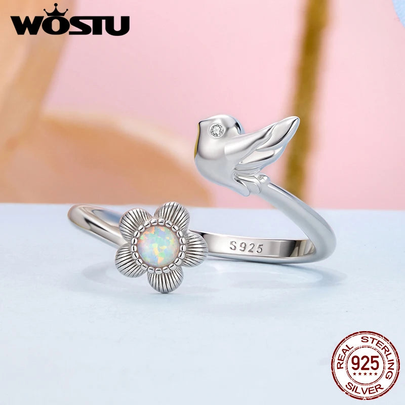 WOSTU 925 Sterling Silver Opal Gems Flower & Bird Open Ring al Flowers Stud Earrings For Women Party Jewelry Set Mom's Family Gi