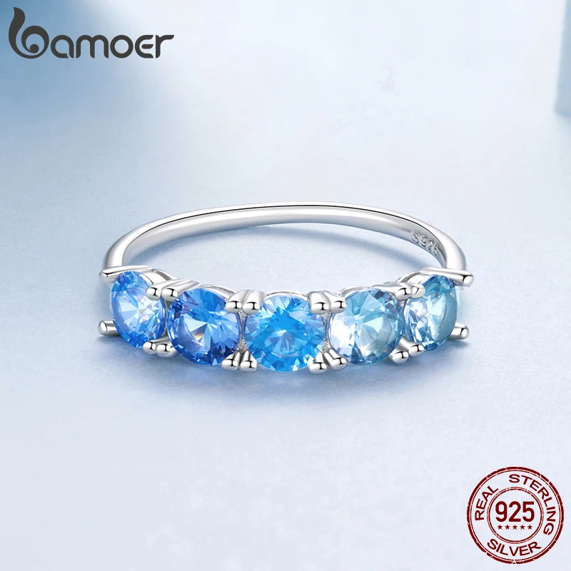 BAMOER 925 Sterling Silber Transparenter, meerblauer runder Halb-Ewigkeitsring mit Zirkonia-Besatz – das perfekte Geschenk für Damen und Teenager zum Geburtstag oder zur Party