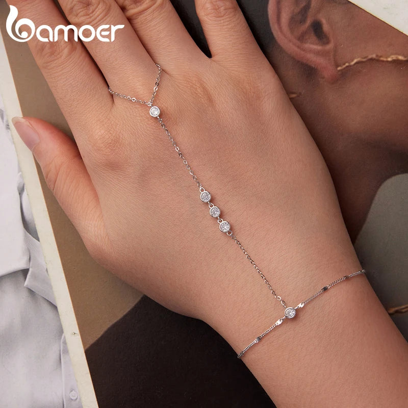 BAMOER 925 Sterling Silver Adjustable Hand Chain Bracelet Four-leaf Clover CZ Finger Ring Link Chain Women Summer Body Jewelry