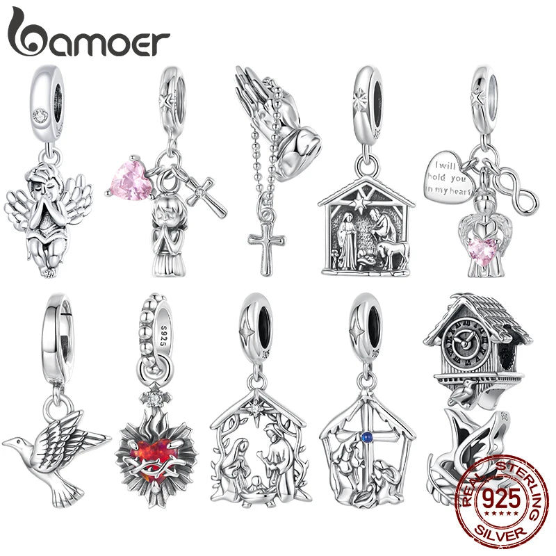 Bamoer Anhänger aus 925 Sterlingsilber mit Motiv der Geburt Jesu, Friedensperlen und Glaubenssymbol für Damen, DIY-Armband-Schmuckzubehör
