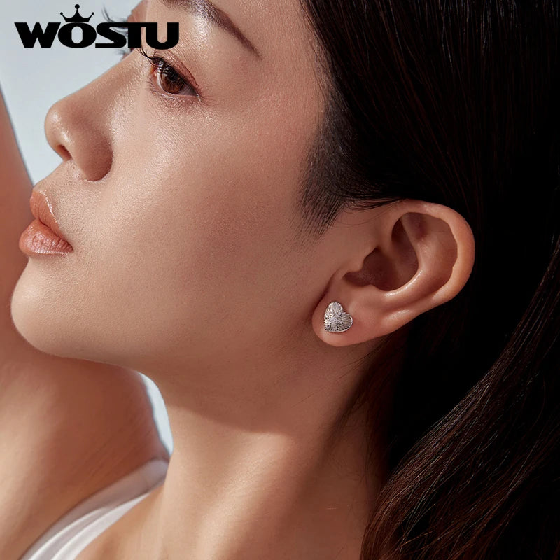 WOSTU 925 Sterling Silver Snowflake Heart Stud Earrings For Women, Winter Jewelry AAA Zircon Ear Studs Xmas New Year Gift