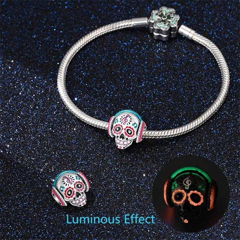 2024 New 925 Sterling Luminous Halloween Skull Witch Pumpkin Candy Charms Beads Fit 3mm Original Bracelets DIY Party Jewelry