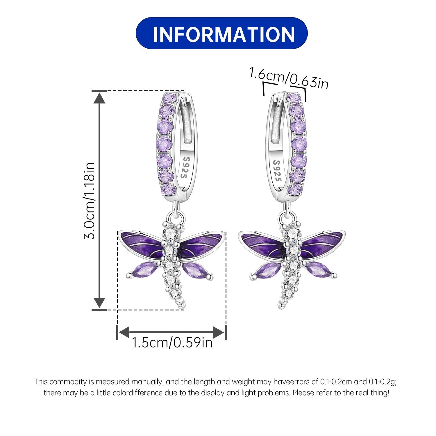 PANPOKI 925 Sterling Silver Purple Zircon Dragonfly Insect Drop Earrings Women Earrings Charm Versatile Party Jewelry Gifts