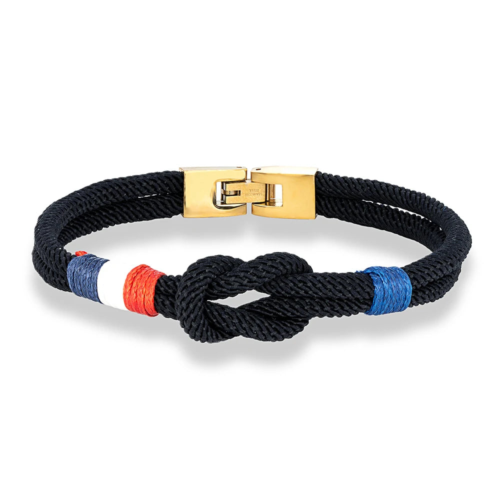 MKENDN Gold Plated Stainless Steel Square Knot Rope Bracelet Men Women Handmade Woven Double-Layer Design France USA Flag Gifts