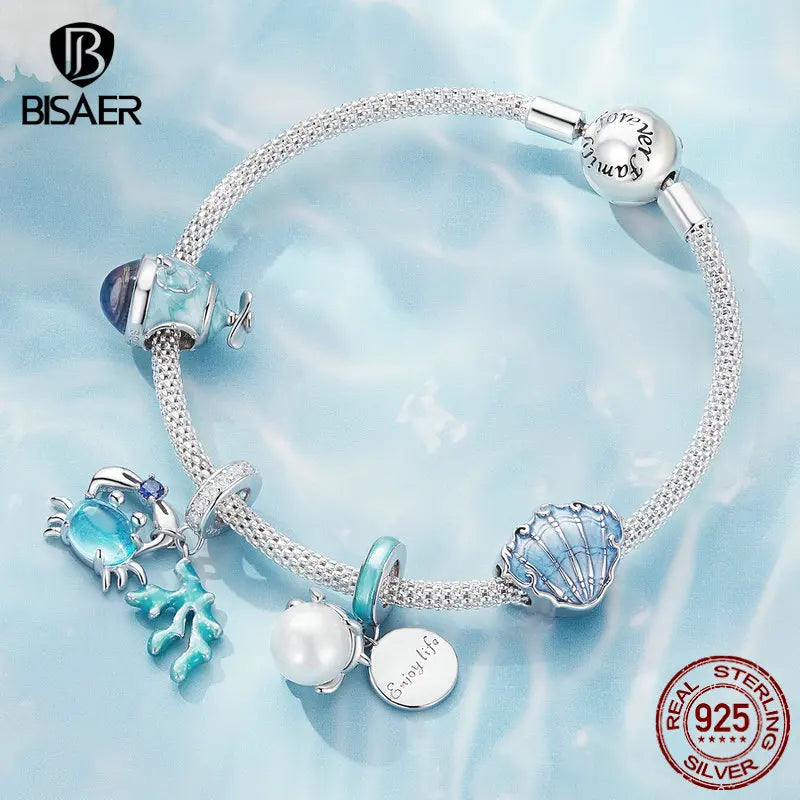 BISAER Real 925 Sterling Silver Bule Turtle Crab Charm Bead Sea Shells Pendant For Women DIY Bracelet & Necklace Holiday Gifts