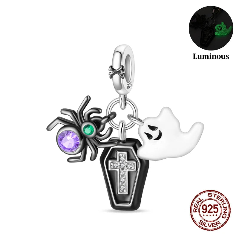 New 925 Sterling Silver Luminous Halloween Skull Witch Pumpkin Candy Charms Beads Fit 3mm Original Bracelets Party Jewelry