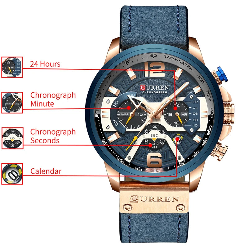 CURREN Casual Sport Watches for Men Top Brand Luxury Military Leather Wrist Watch Man Clock Fashion Chronograph Wristwatch