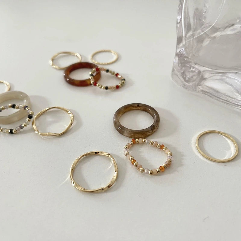 4Pcs Colorful Beads Resin Metal Irregular Lines Rings for Women Retro Geometric Acrylic Bead Knuckle Joint Ring Set Jewelry Gift