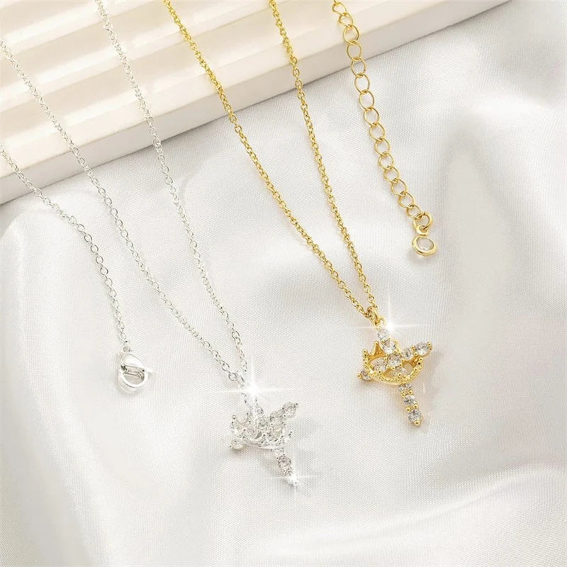 Stainless Steel Rotatable Crown Cross Pendant Necklace for Women Shiny Rhinestone Cross Metal Choker Christian Prayer Jewelry