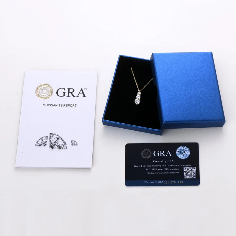 925 Sterling Silver 3 Stones 1.80Ct Real Moissanite Pendant Necklace Round Cut Clavicle Chain Necklace Exquisite Jewelry Gift