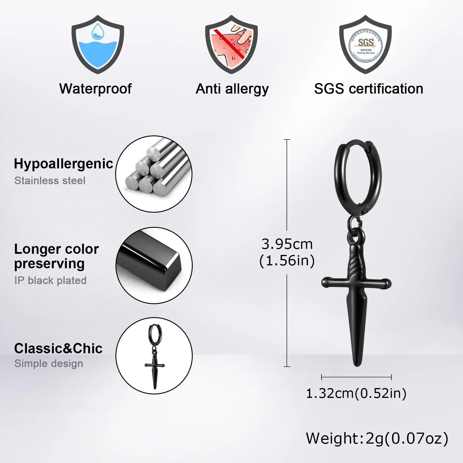 Vnox Gothic Dagger Sword Dangle Drop Earrings for Men Boys, Minimalist Stainless Steel Hoops,Hypoallergenic Fashion  Jewelry