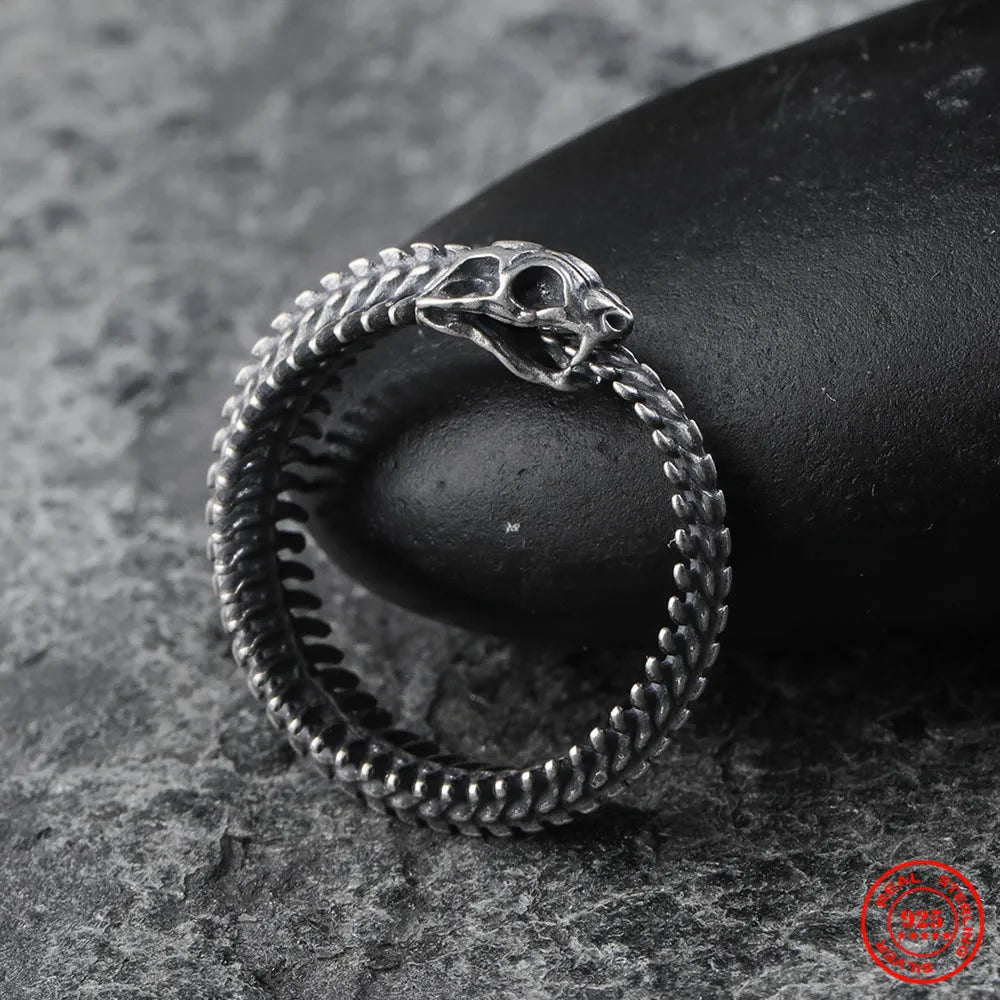 MKENDN Vintage 100% 925 Sterling Silver Snake Bone Ring For Men and Women Gothic Street Hip Hop Punk Jewelry