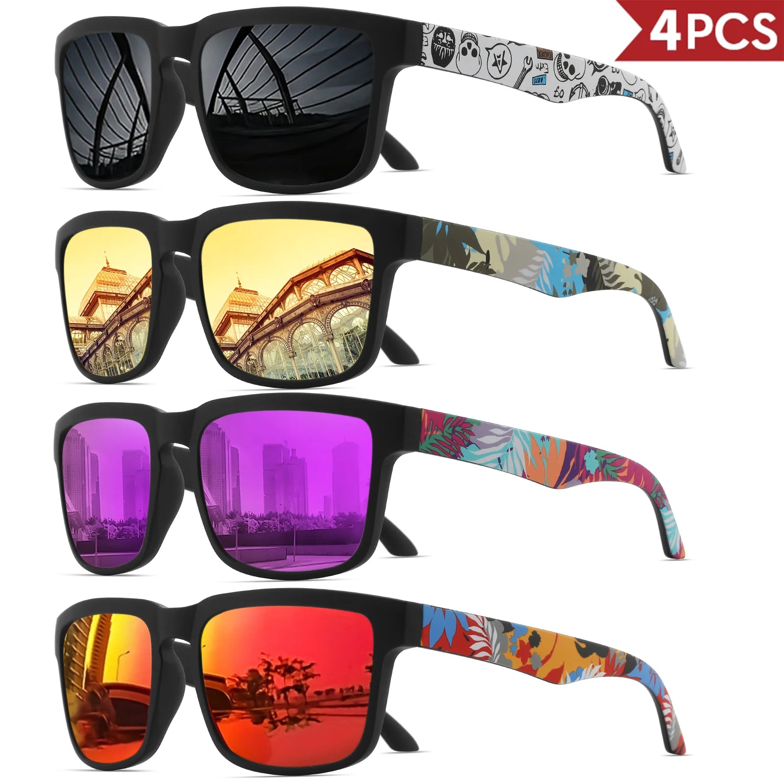 4PCS Square Sports Sunglasses with Designer Temple Pattern - UV400 for Men Women, Beach Vacation