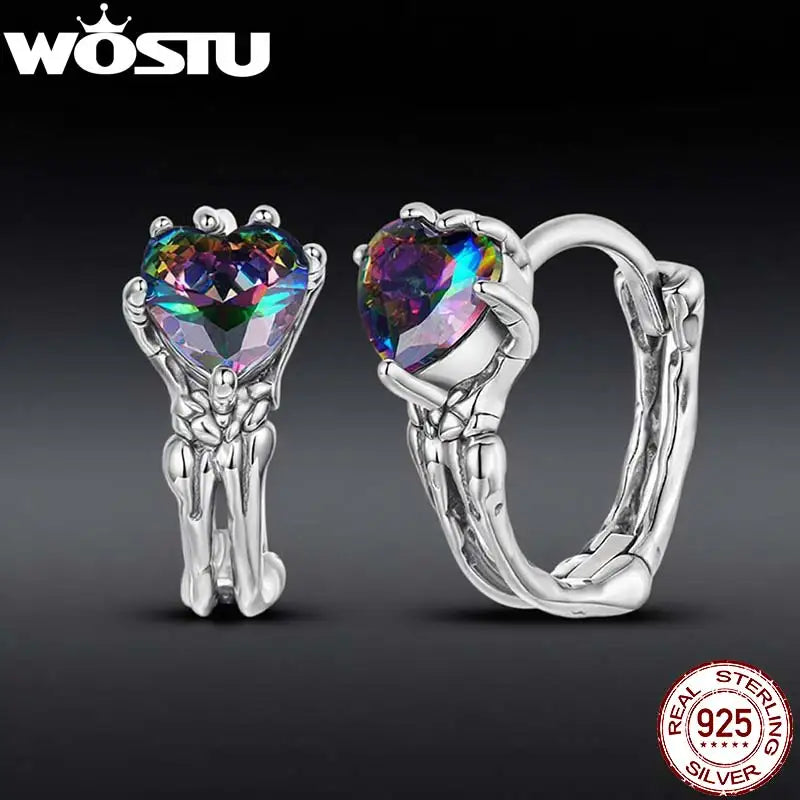 WOSTU 925 Sterling Silver Heart Rainbow Gems Gothic Huggies Earrings For Women, Skeleton Hand Punk Hoop Earring Halloween Gift