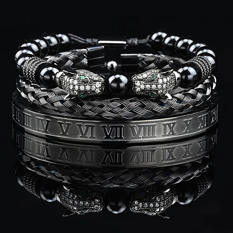 Luxury Black Stone Beads Leopard Head Man Bracelet Enamel Stainless Steel Roman Bangles Women Jewelry Set