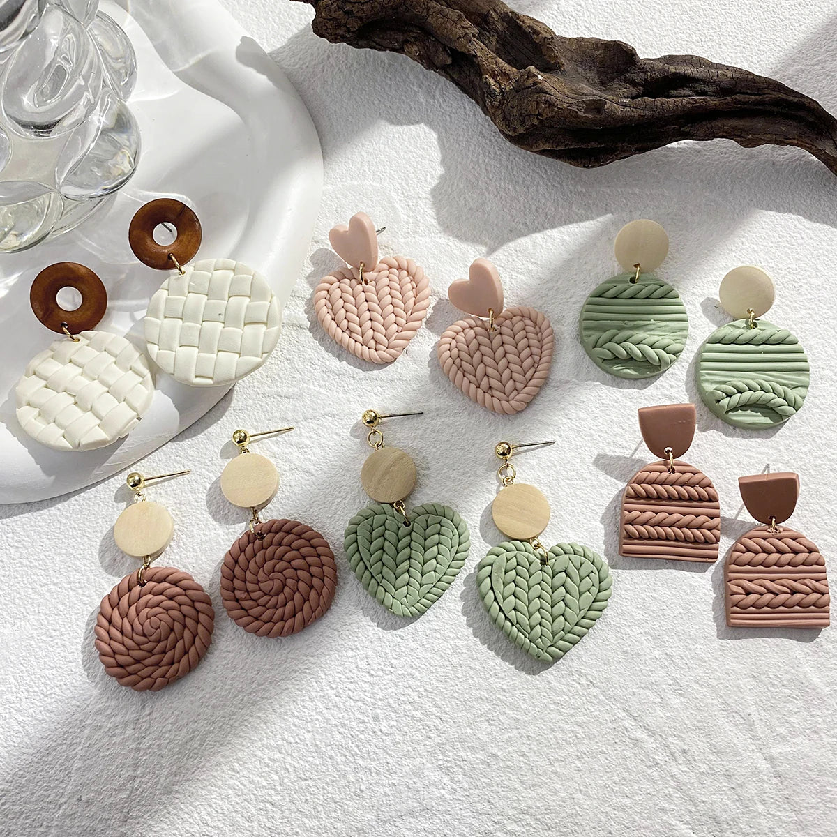 AENSOA Handmade Wooden Braided Polymer Clay Earrigns for Women Multicolor Unusual Knited Heart Geometric Drop Earrings Jewelry