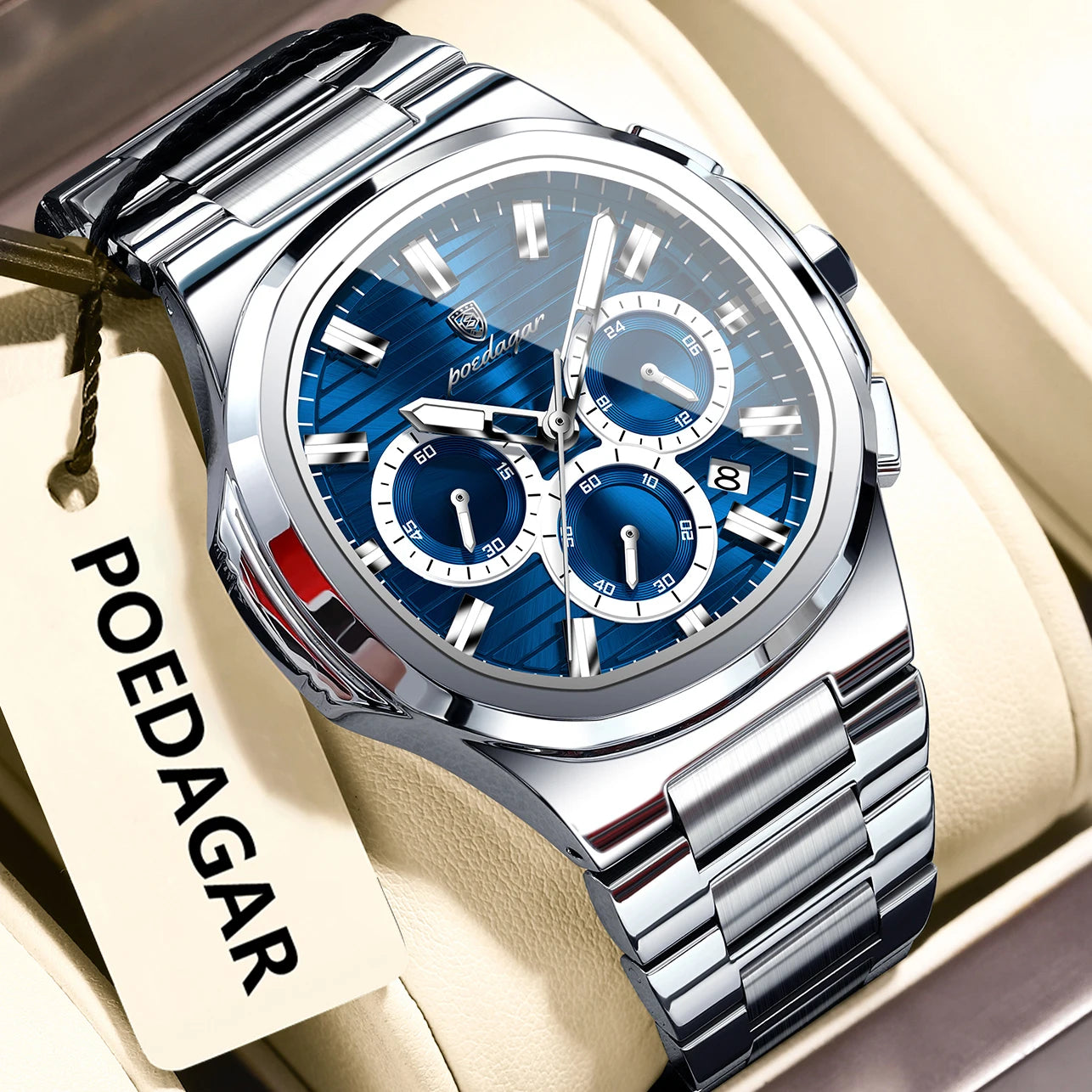 POEDAGAR Business Man Wristwatch Date Chronograph Waterproof Luminous Luxury Men Watch Stainless Steel Quartz Men's Watches Male - Madeinsea©