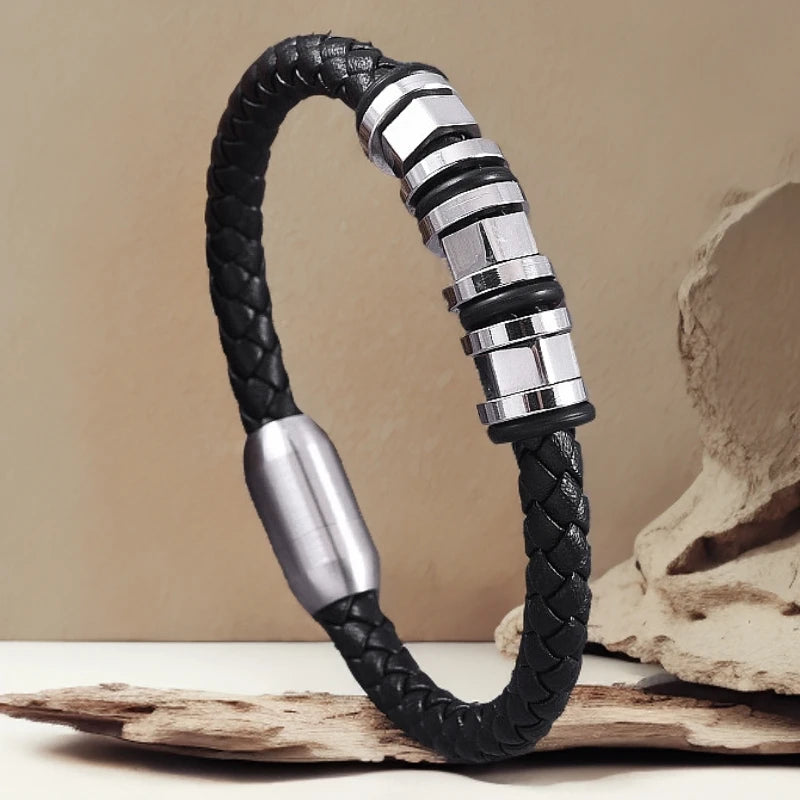 MKENDN Punk Men Stainless Steel Hexagon Beads Bracelet for Men Genuine Leather Bracelets Male Wristband Jewelry Gifts