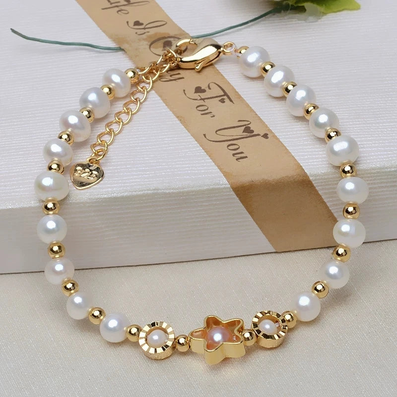 14K Gold Plated  Real Natural Freshwater Pearl Fashion Bracelet Ladies Elegant Bracelet Jewelry Girlfriend Birthday Wedding Gift