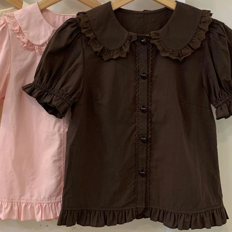 Japanese Kawaii Lolita Shirts Women Sweet Puff Short Sleeve Lace Ruffles Slim Blouses Girls Cute Y2k Clothes Tops Blusas Mujer