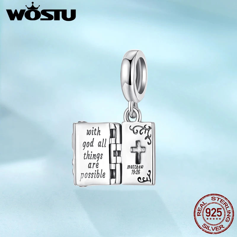 WOSTU 925 Sterling Silver Religious Openable Bible Book Charm Cross Faith Pendant Celtic Knot bead Fir Bracelet DIY Family Gift