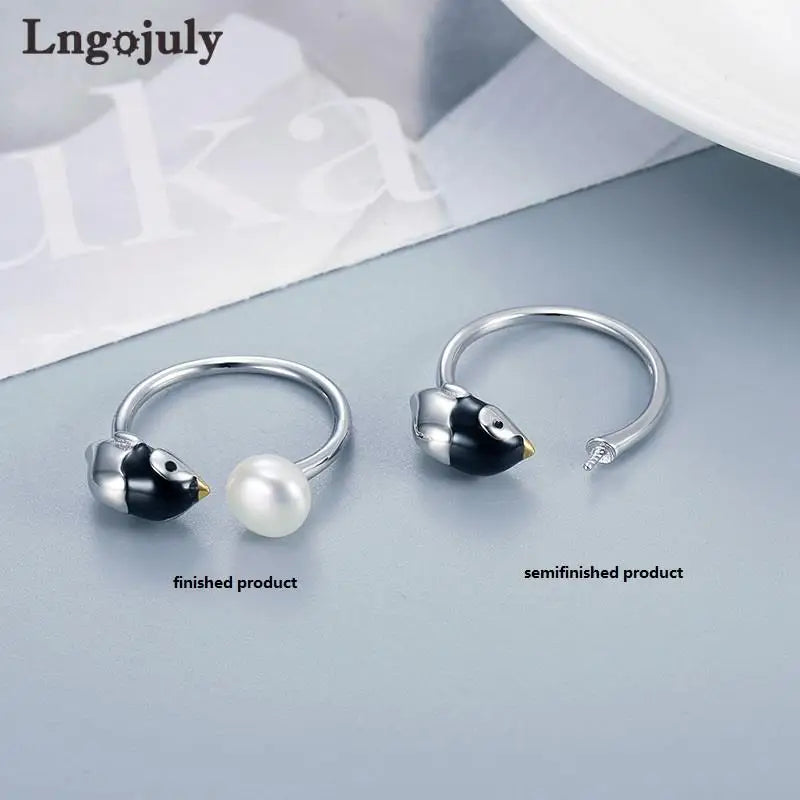 Fine Jewelry 925 Sterling Silver Adjustable Pearl Penguin Ring For Women Girl Anniversary Wedding Party Jewelry Gifts