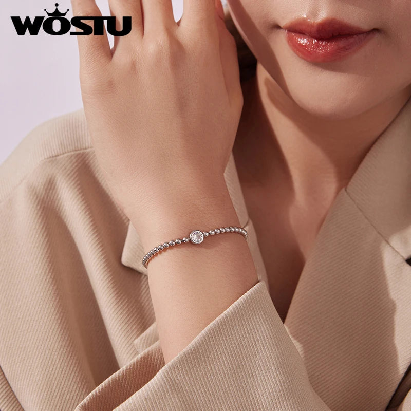 WOSTU 925 Silver Bead Bracelet with 7mm Heart Round CZ,  Adjustable Spring bangle Bracelet to 16-19cm Valentines Day Jewelry