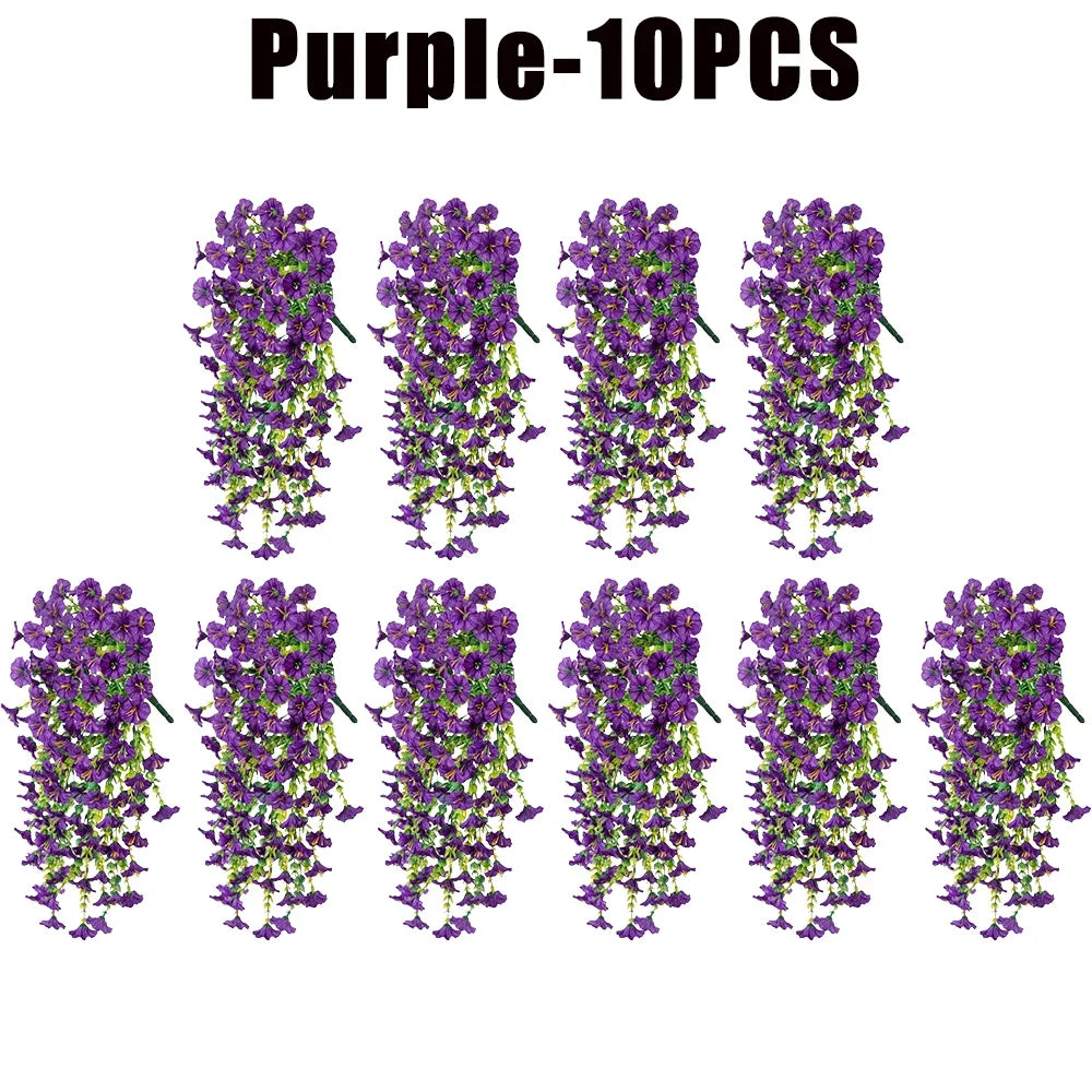 Artificial Hanging Flowers Plants Silk Morning Glory Flowers with Eucalyptus Leaves for Home Garden Porch Window Decoration