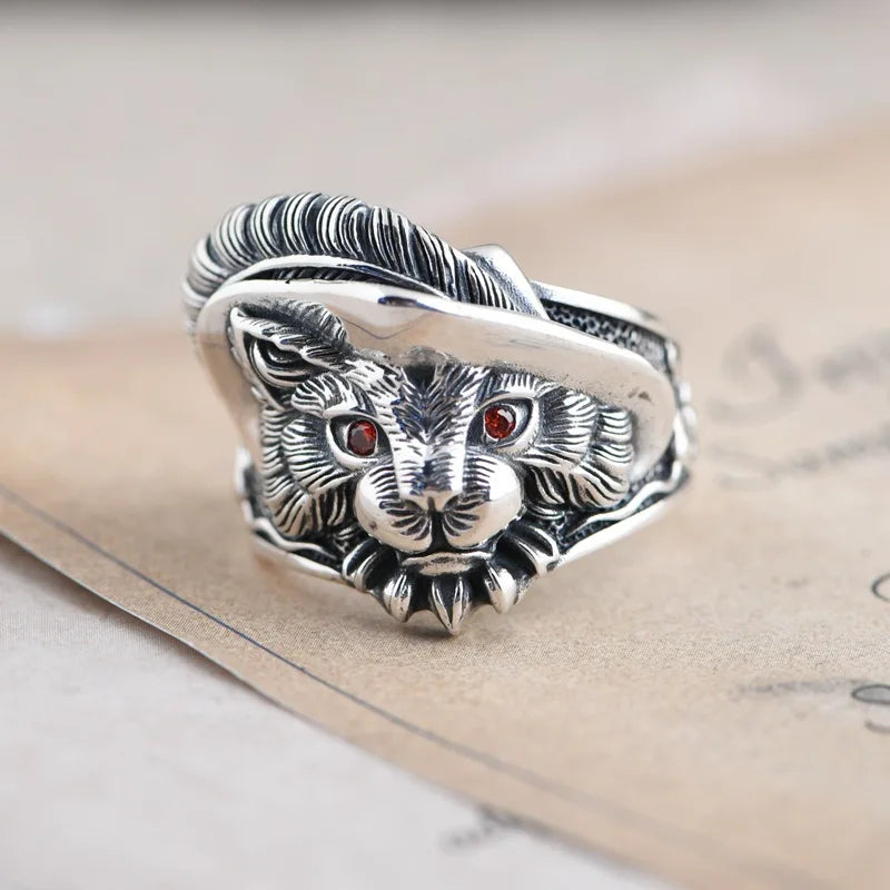 MKENDN Real 925 Sterling Silver Vintage Men Feather Gentleman Hat Cat Ring With Green Eyes For Women Punk Street Finger Jewelry