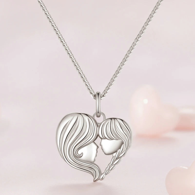 BISAER 925 Sterling Silver Mother & Child Pendant Necklaces Heart Charm Adjustable Chain For Women Mother's Day Birthday Jewelry
