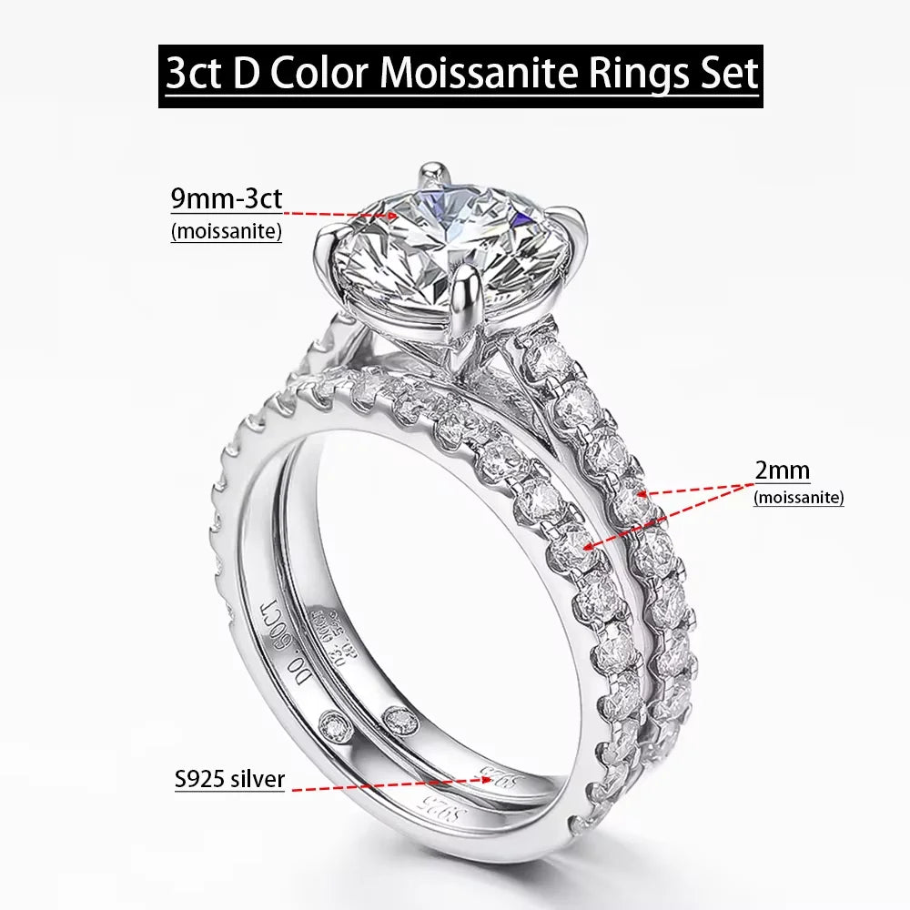Serenity 5ct D Color Big Moissanite Diamond Rings Set for Women Man Wedding Bridal 925 Sterling Silver Row Ring Anniversary Gift - Madeinsea©