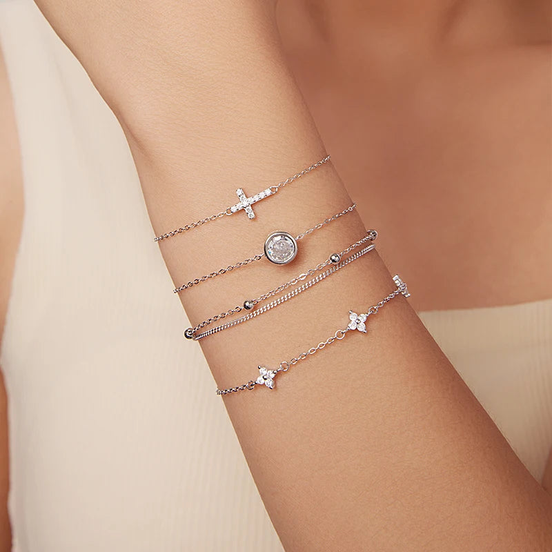 WOSTU 925 Sterling Silver Hot Selling Stacked Chain Bracelets For Women, Butterfly Heart Cross Clover Wrist Link Girl Party Gift