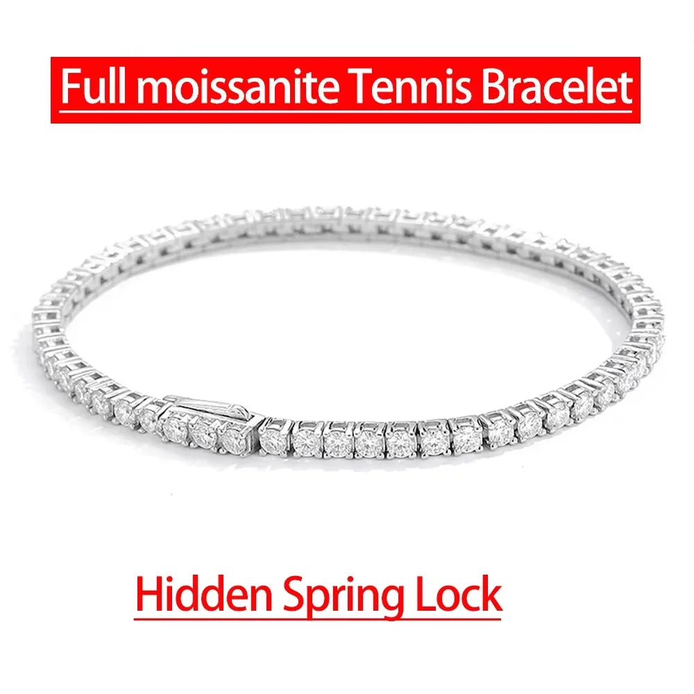 2mm 2.5mm 3mm 4mm 5mm Moissanite Tennis Bracelet for Women Men 100% S925 Sterling Silver Hidden Spring Lock Bracelet Plated 18K - Madeinsea©
