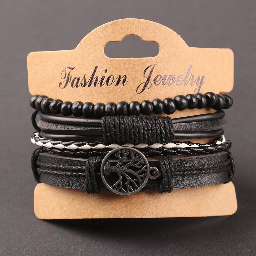 Ensemble de quatre accessoires en alliage Arbre de Vie : bracelet en cuir pour homme, perles en bois et ornement en cuir tissé à la main.