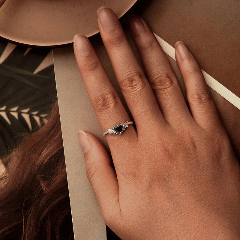 WOSTU 925 Sterling Silver Black Heart Zircon Open Ring For Womem Retro Devil Wing Rings Punk Jewelry Girl Party Birthday Gift