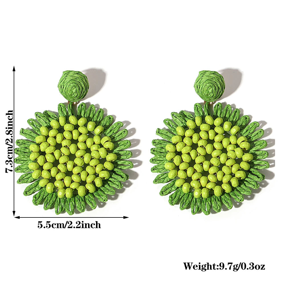 AENSOA Bohemian Raffia Wood Beaded Flower Drop Earrings for Women Handmade Rattan Knit Floral Earrings Summer Beach Jewelry