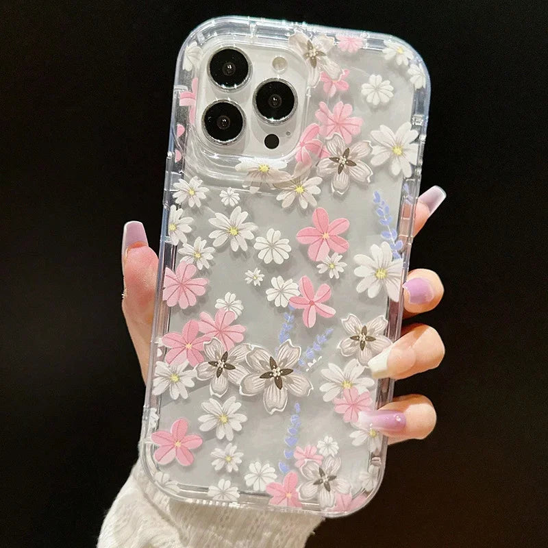 Pink Flower Strawberry Clear Phone Case For iPhone 14 13 11 12 15 16 17 Air Pro Max 16E SE2 7 8 Plus Airbag Shockproof Cover