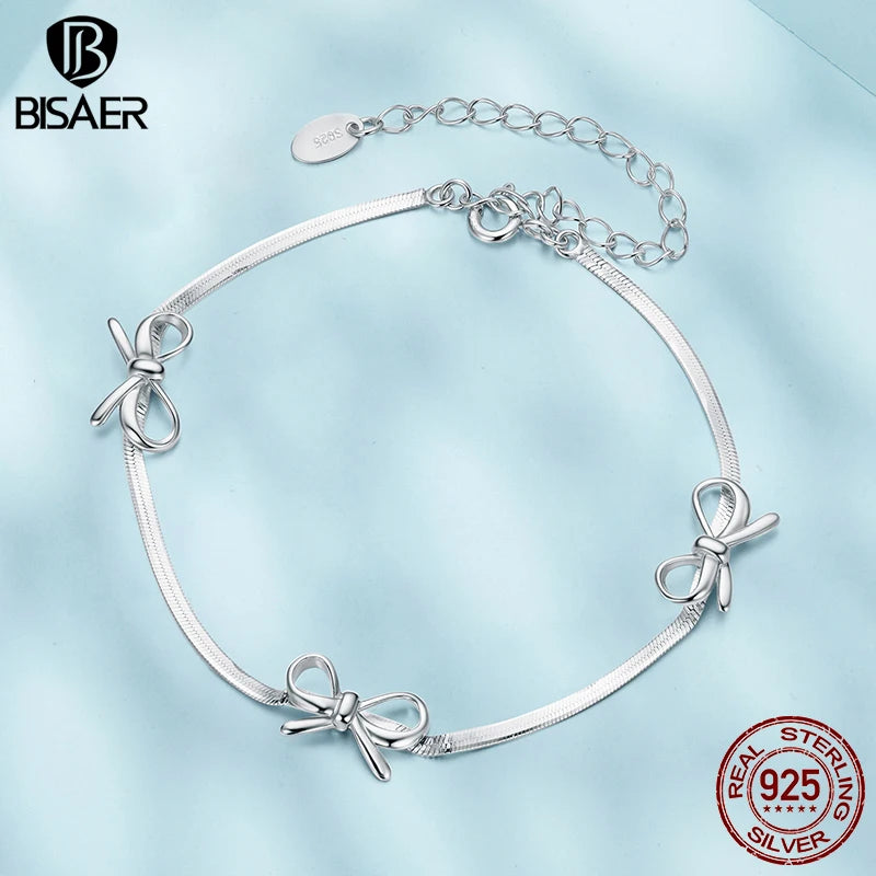 BISAER Real 925 Sterling Silver Bow Bracelet Adjustable Snake Bone Chain Plated White Gold for Women Party Fine Jewelry Gift